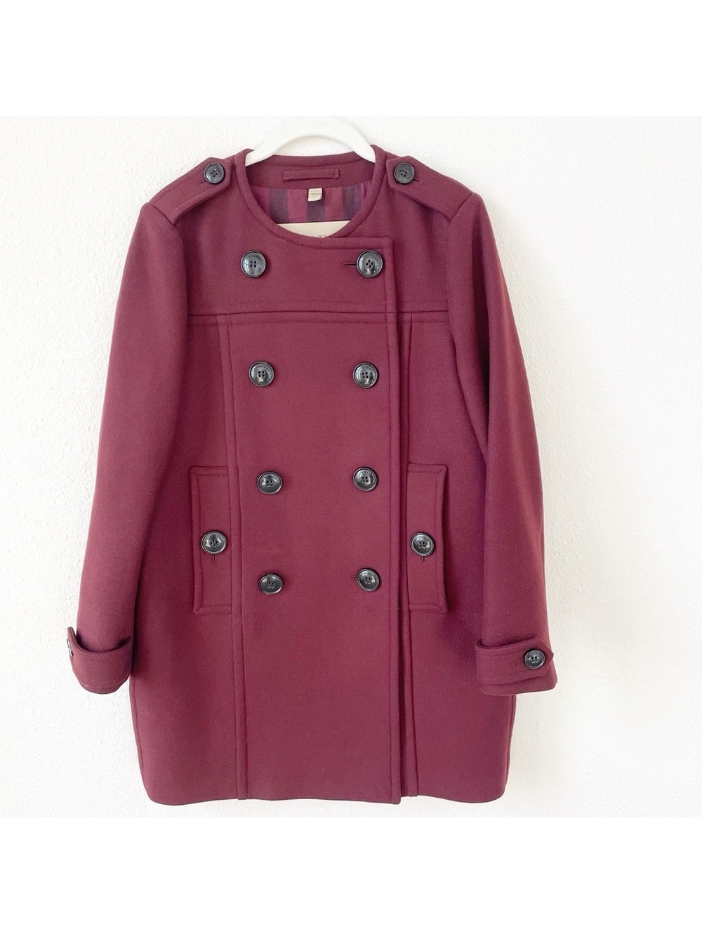 Burberry Brit Antwood Double Breasted Collarless Coat Burgundy Size 8 Luxury